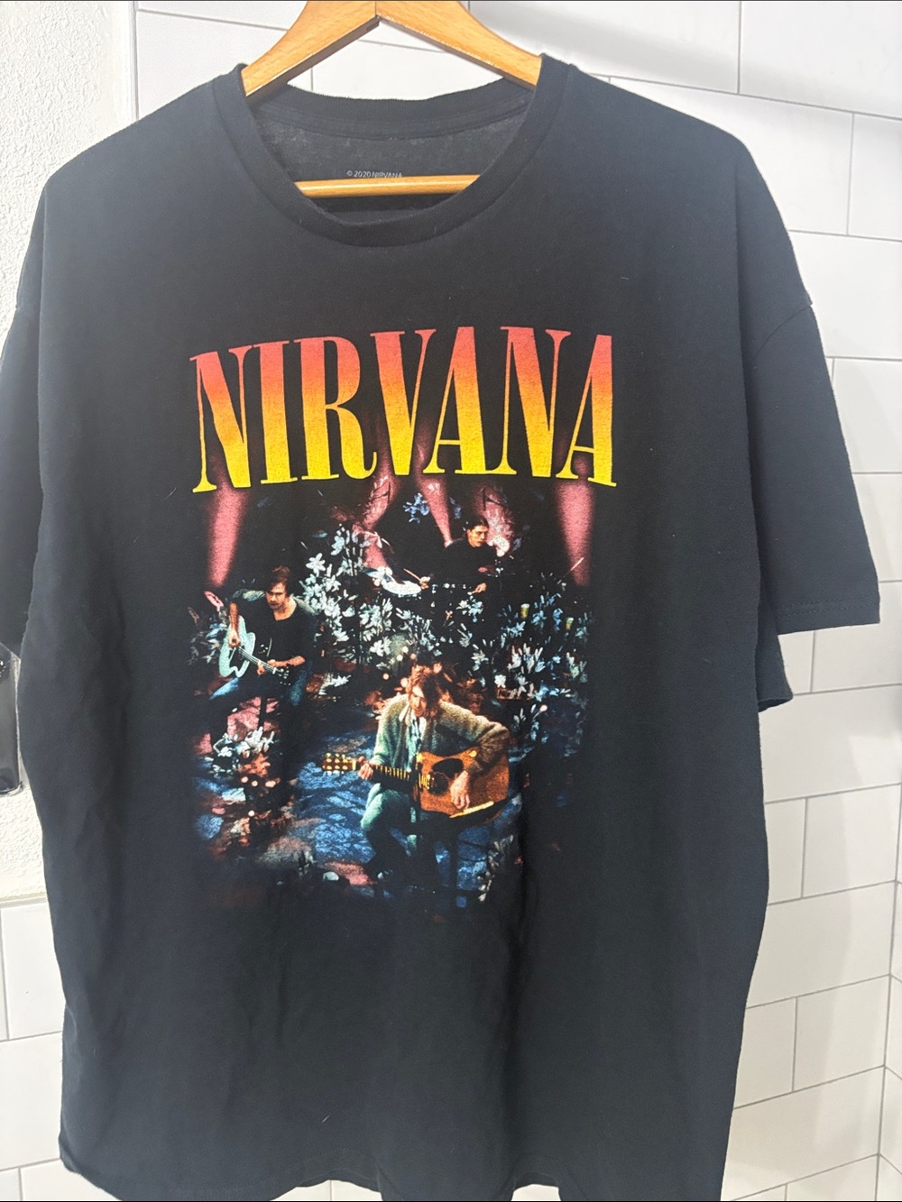 NIRVANA Unplughed Black Tee with Yellow-to-Red Logo and Band Photo